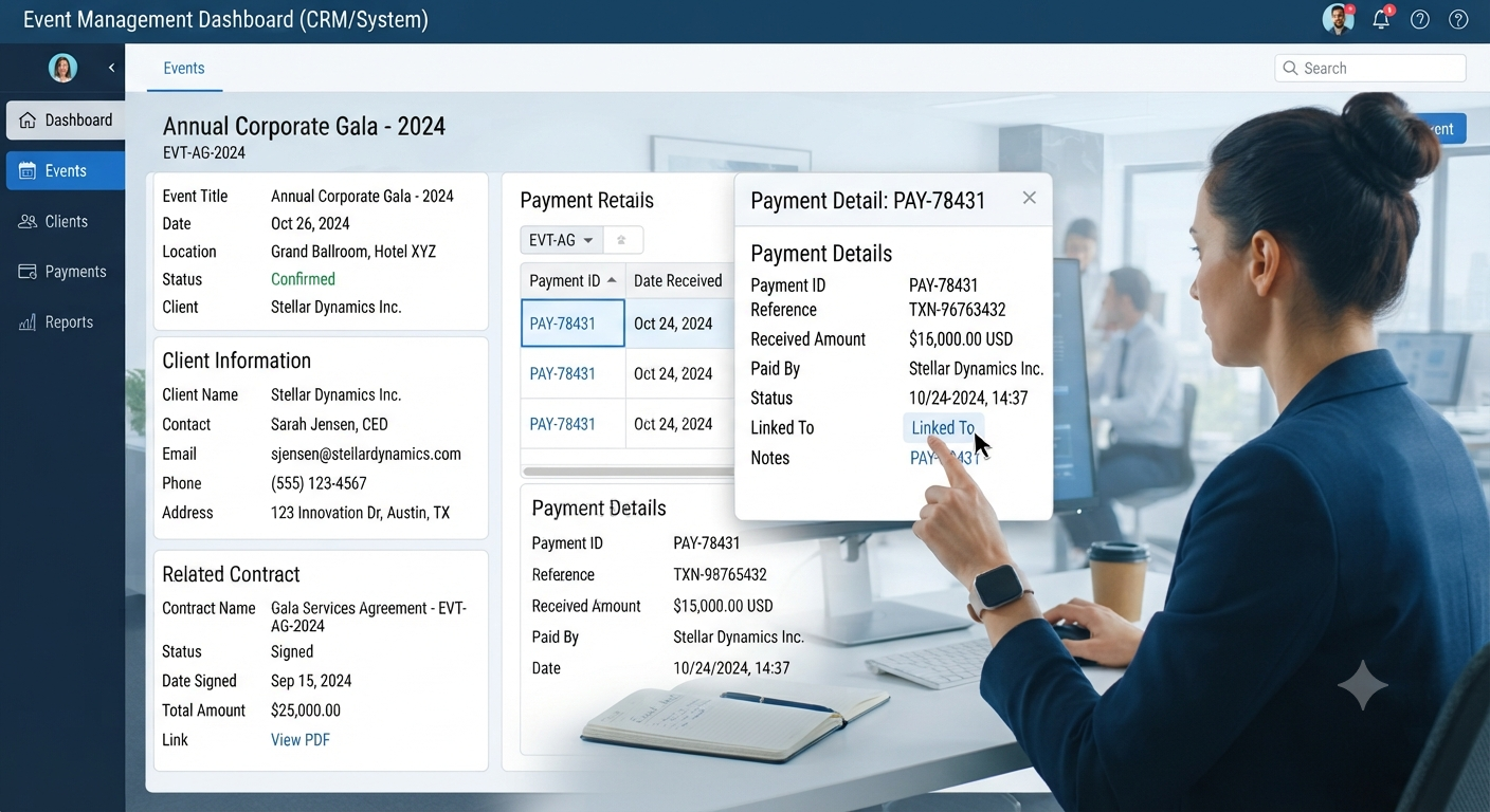 Event booking interface showing connection between payment records and event details